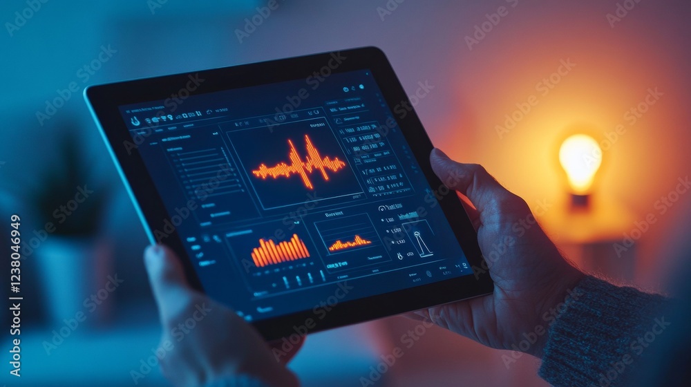 Poster Smart Living Dashboard Interactive Tablet Display with Energy Data in Modern Home - Innovative Tech for Sustainable Living and Home Automation Solutions