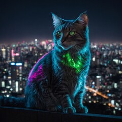 A giant cat, its fur emitting soft neon lights like aurora borealis, looming over Tokyo’s glowing streets from a distant windowsill.