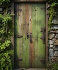 Old wooden door with rusty metal hinge covered in dense green moss and algae, and weathered wood surface, dampness, natural wear
