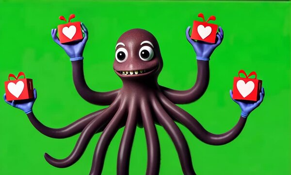 Cartoon octopus holding gifts, green screen, Valentine's Day