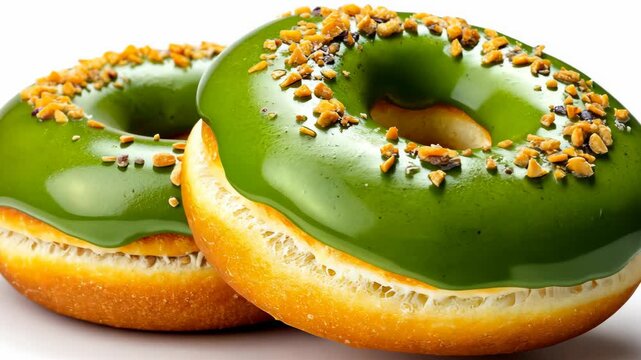 Two green donuts with nuts on top. The donuts are placed on a white background. The donuts have a fresh and healthy appearance
