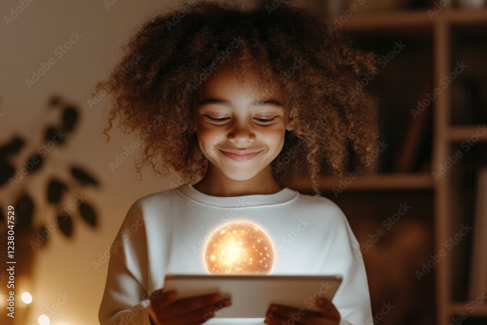 Aufkleber Cozy Digital Learning Space Smiling Girl with Tablet Showing AR Solar System - STEM Education Tools and Creative Remote Learning Solutions