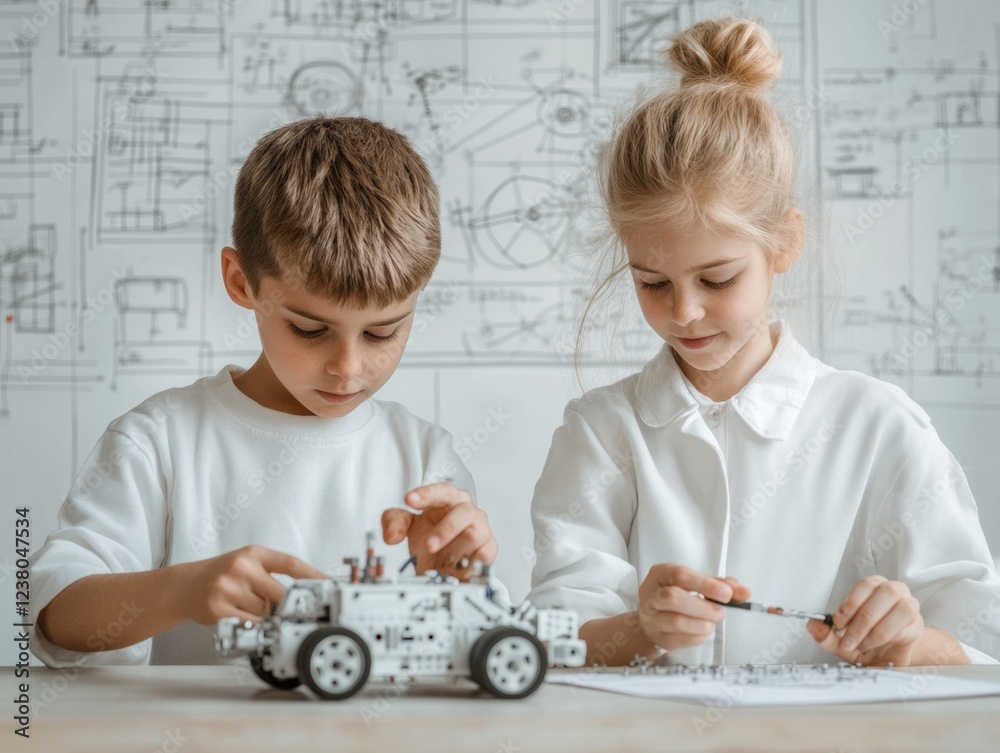 Poster dynamic stem education hub young innovators craft robotic car with precision tools enhancing tech sk