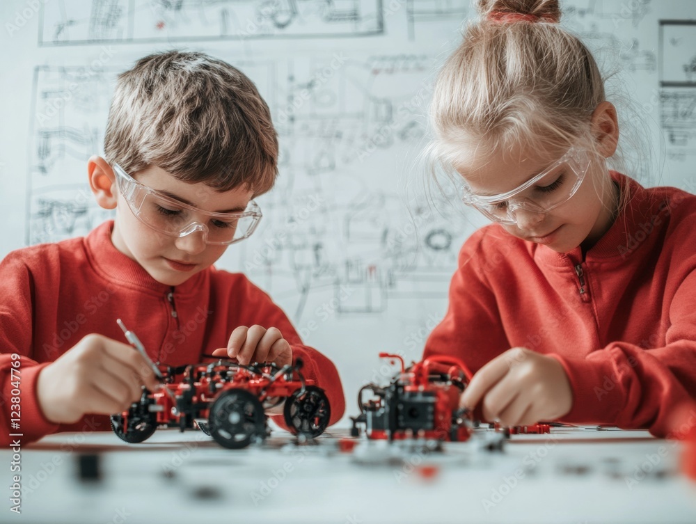 Poster innovative stem learning young inventors crafting robot cars with precision tools and schematics - e