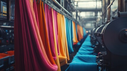 Obraz premium Colorful fabrics hanging in a textile factory, showcasing the dyeing process.