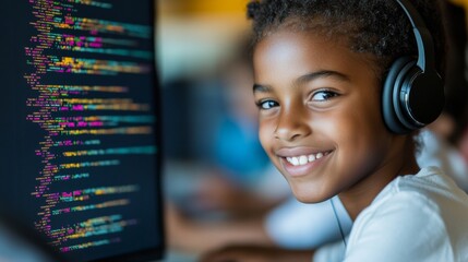 Tech-Savvy Education Focus Diverse Teenage Girl in Vibrant Coding Scene with Headset - Empowering Future STEM Leaders, Digital Learning in Modern Schools