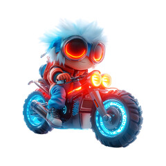 Fluffy 3D Cartoon Character Riding a Glowing Motorbike Isolated on Transparent Background