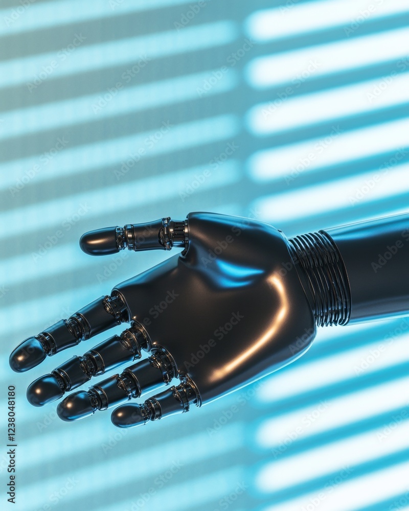 Fototapete Futuristic Tech Aesthetic Robotic Hand in High-Tech Lab Setting - Metallic Textures and LED Glow for Innovative Automation and Business Innovation Marketing