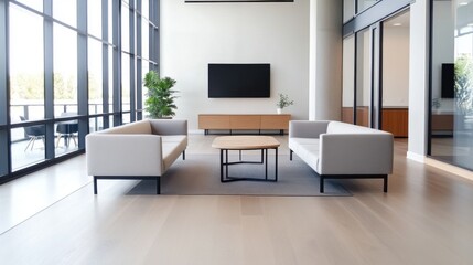 Modern Minimalist Office Lounge with Comfortable Sofas and Natural Light Illuminating a Stylish Interior Space