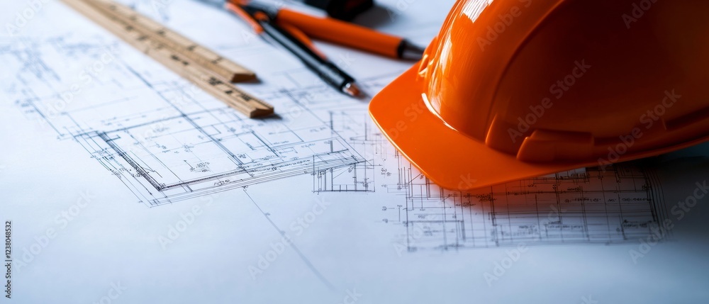 Aufkleber modern engineering workspace detailed blueprint analysis with orange construction helmet and draftin