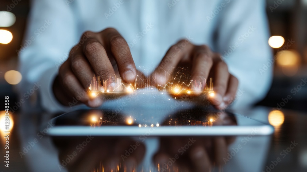 Aufkleber Futuristic Business Workspace with Interactive Tablet and Financial Graphs - Tech-Driven Data Analysis for Financial Reporting and Modern Business Solutions