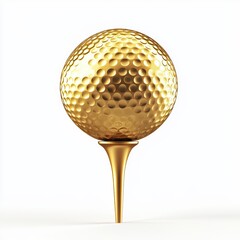 Golden golf ball on a tee, with sunlight reflecting off it, placed on a bright white background