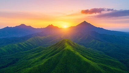 Majestic Sunset Over Lush Green Mountains Scenic Aerial View Dramatic Landscape Photography