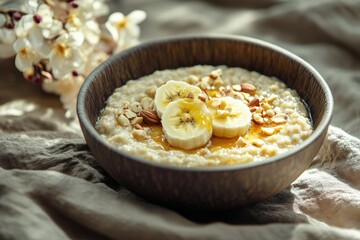 Delicious oatmeal bowl with bananas and nuts in warm morning light