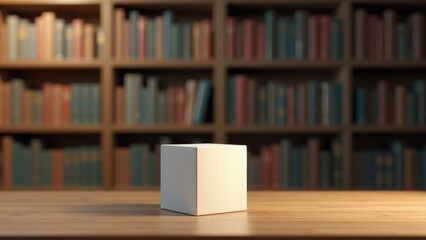 Cube Box Mockup, Library scene cube box on table smooth textures real lighting.
