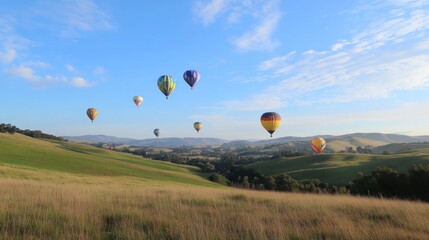 Fototapeta premium Colorful hot air balloons soaring over a lush green landscape under a clear blue sky.