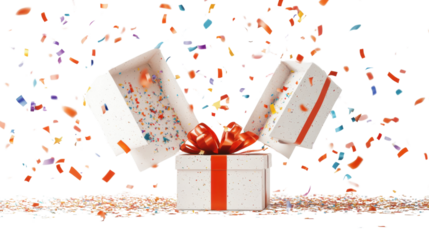 Open gift box exploding with colorful confetti on transparent background
