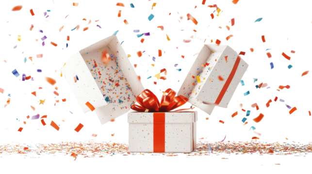 Open gift box exploding with colorful confetti on transparent background