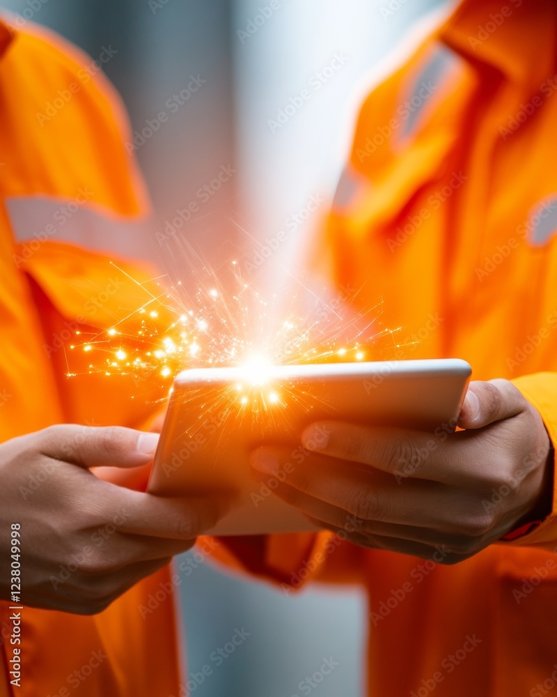 Aufkleber Cyber-Enabled Construction Management Architects in Reflective Gear Analyzing Digital Blueprints on Tablets - Innovative Worksite Security and Remote Collaboration in Urban Development
