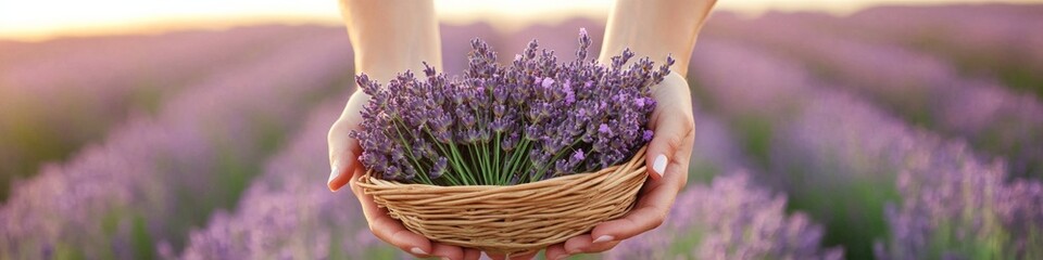 Fototapeta premium Rustic Lavender Harvest Female Hands Cradling Fresh Blooms in Woven Basket - Eco-Friendly Floral Marketing and Sustainable Wellbeing Content