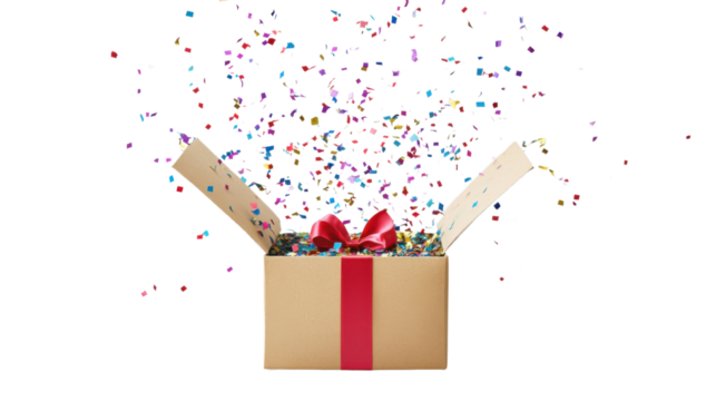 Open cardboard gift box exploding with colorful confetti on transparent background