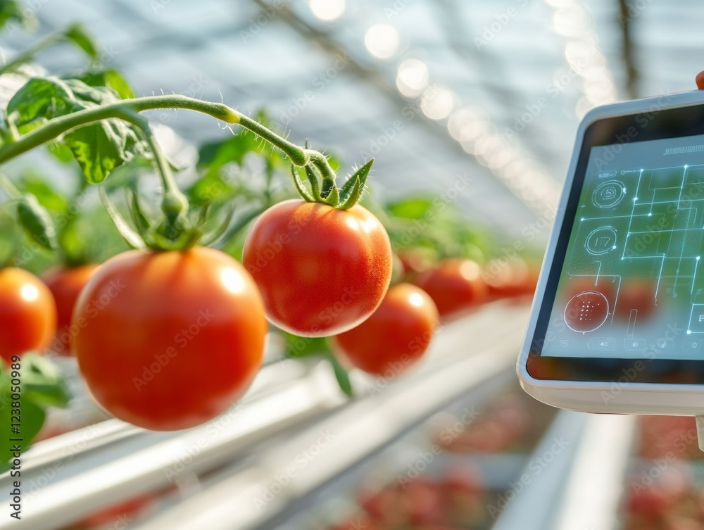 Poster futuristic greenhouse high-tech tomato cultivation with smart irrigation and digital monitoring for 