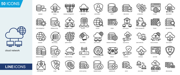 Cloud Network icon collection Line Style. database, hosting, database management, data center, data source, configuration, cloud server