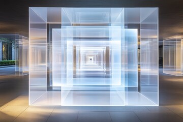 Futuristic tunnel with glowing geometric patterns and infinite reflections