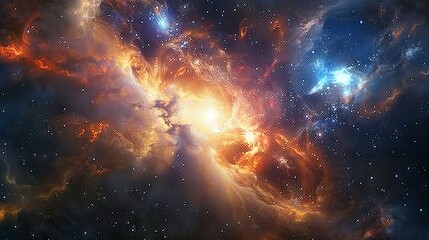 Ethereal cosmic landscape: mesmerizing galaxy backdrop with vibrant nebulae, sparkling stars, and interstellar dust swirling in a beautiful deep space horizon.