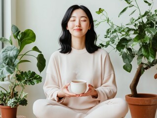 Serene Mindfulness Corner Korean Woman with Tea in Plant-Filled Room - Wellness Content for Relaxation, Emotional Balance and Modern Lifestyle Branding