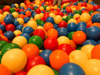 Close up of colourful plastic balls a pool at indoor playground 