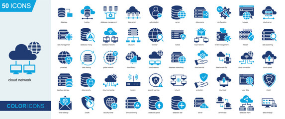 Cloud Network icon collection Glyph Color Style. database, hosting, database management, data center, data source, configuration, cloud server