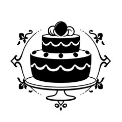 A delectable two-tiered cake, adorned with creamy frosting and chocolate pearls, sits elegantly on a cake stand, a perfect centerpiece for any special occasion.