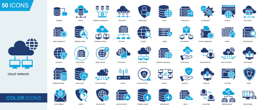 Cloud Network icon collection Glyph Color Style. database, hosting, database management, data center, data source, configuration, cloud server
