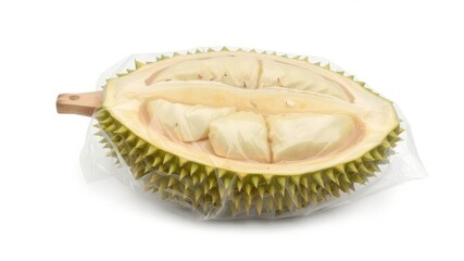 Fototapeta premium Packaged durian segment wrapped in clear plastic, isolated on white background, snack, packaging