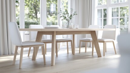 Modern dining room, light wood table, four chairs, bright windows, tranquil background; home decor