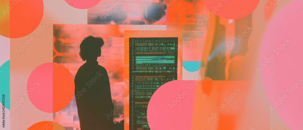 Aufkleber minimalistic mixed media collage showcasing data flow and network server in vibrant textures