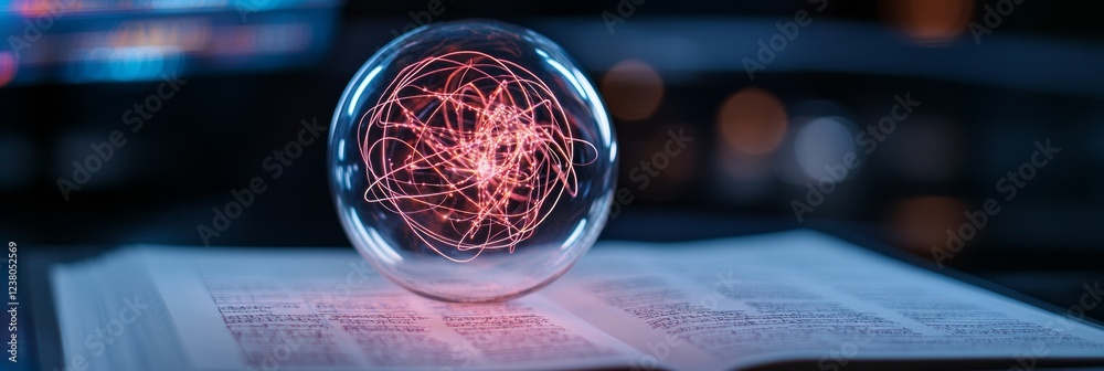 Poster Neon Futurism Academic Display Interactive Desk Globe with Luminous Sphere on Open Textbook - Innovative EdTech Content and STEM Learning Environment Benefits