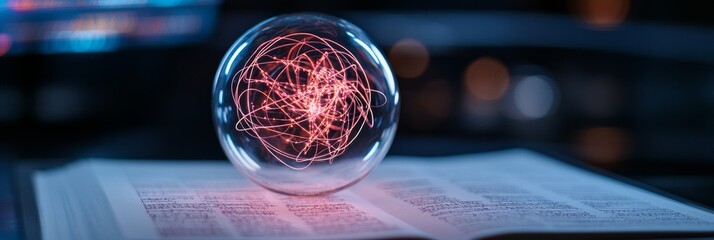 Neon Futurism Academic Display Interactive Desk Globe with Luminous Sphere on Open Textbook - Innovative EdTech Content and STEM Learning Environment Benefits