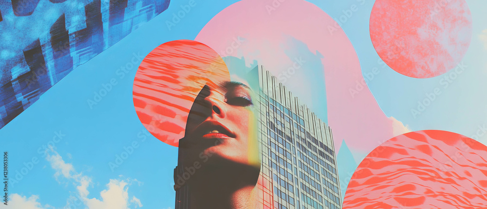 Poster exploring geometric abstractions in minimalist mixed media collage with urban themes