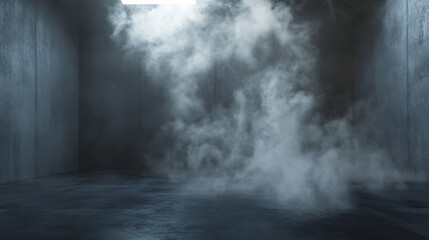 An empty dark cement wall and studio room with smoke floating upwards, perfect for product display.