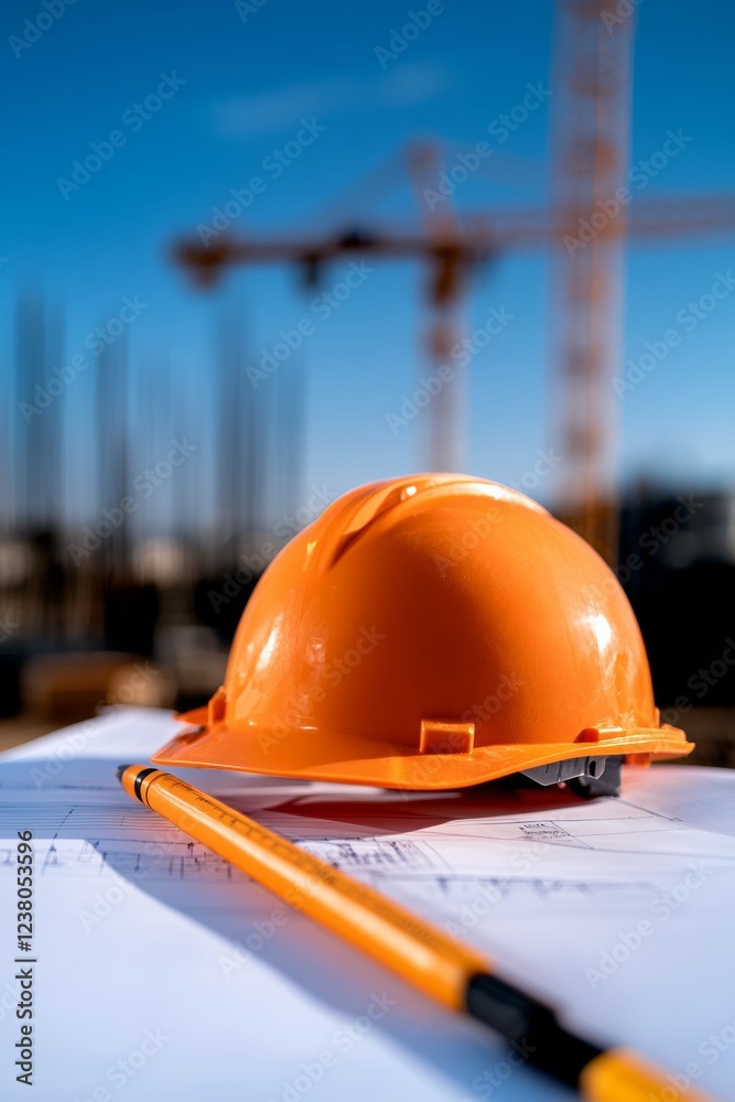 Poster contemporary industrial blueprint display orange hard hat and graphs on temporary table - on-site sa