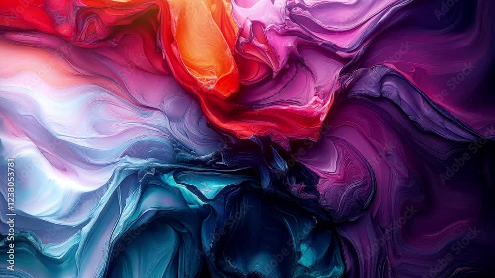 Poster rich abstract animation with smooth, flowing shapes in deep blues, purples, pinks and oranges. dynam