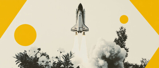 Minimalist collage showcasing a space shuttle launch with floral and geometric elements