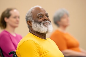 Warm Community Yoga Session Diverse Group Engaging in Gentle Chair Yoga for Accessible Fitness and Inclusivity at a Cozy Center with Pastel-Toned Walls - Promoting Wellness for All Ages