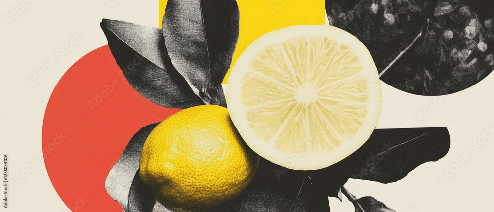 Poster exploring geometric shapes and floral elements in minimalistic collage art with lemon