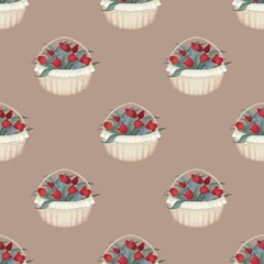 Mocha Mousse Pattern seamless with red tulips on a beige, background.    For wallpaper, fabric, textile, paper gift, backdrop, background, fashion design, home decor, creative works 