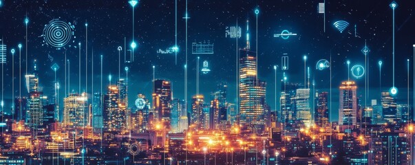 In the digital city of the future, located in space, s of circuit boards and hardware highlight wireless internet technologies, while secure data transmission and database protection