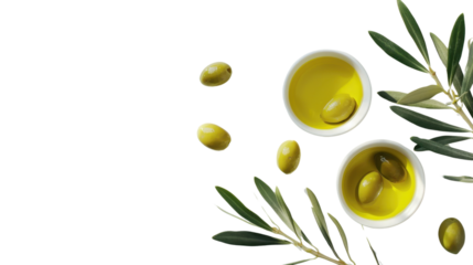 Olive oil, green olives and olive branches on transparent background