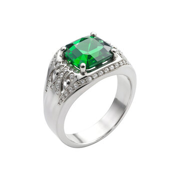 Silver ring with green diamond isolated on transparent background. Silver ring with emerald ​​png. Jewelry and gemstones